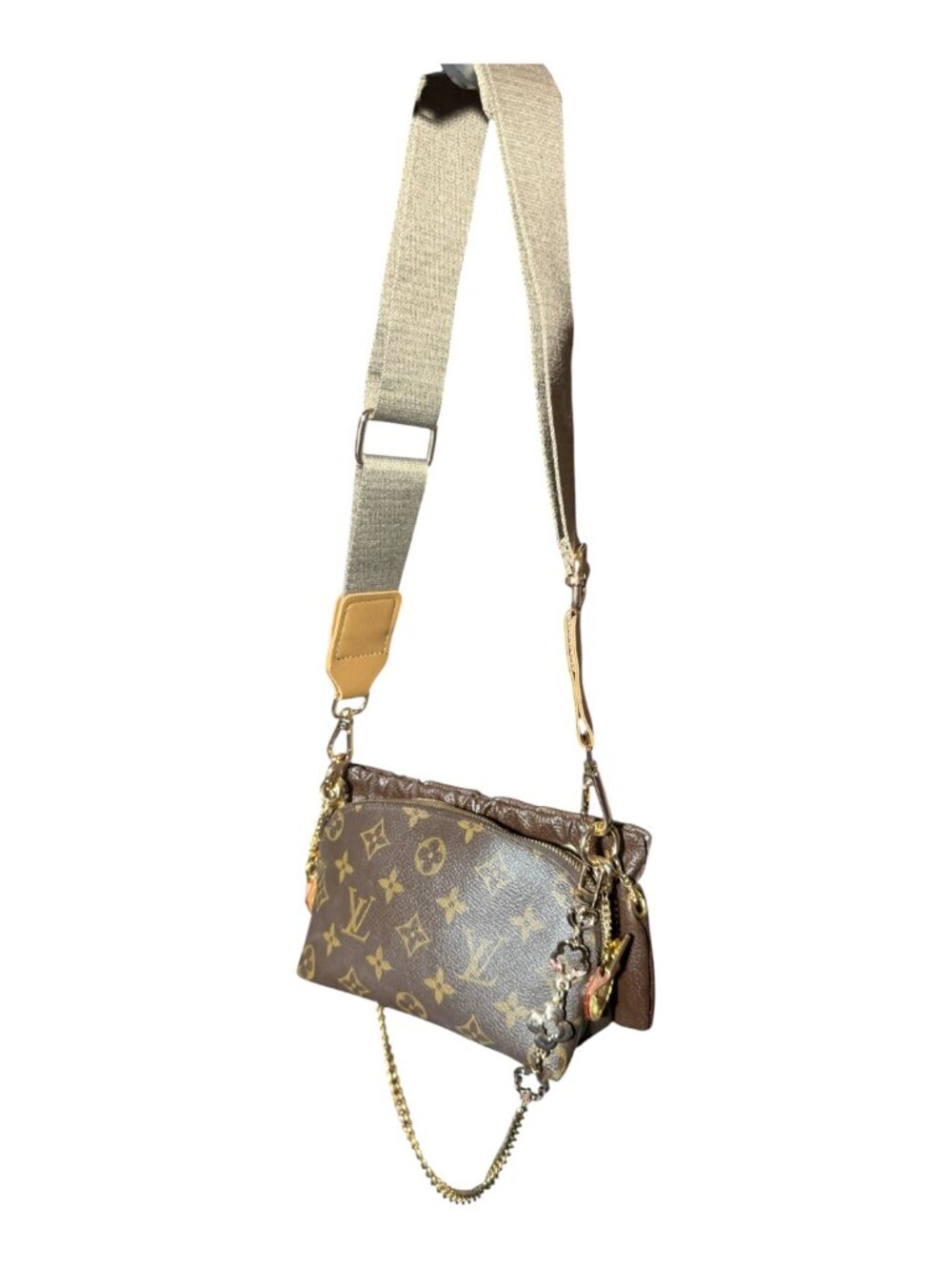 Authentic Louis Vuitton Brown Monogram Cosmetic Pouch-Converted-Crossbody Bag.